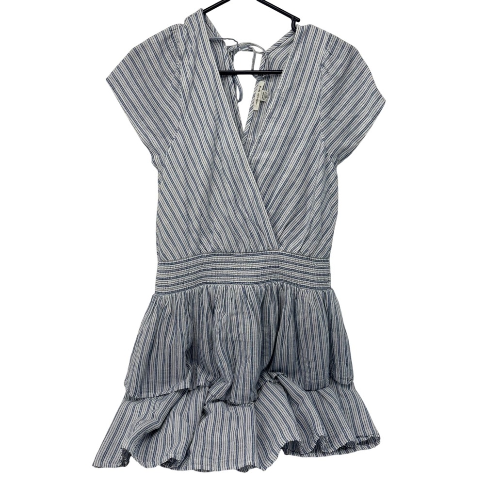 American Eagle Blue White Striped Linen Blend Smocked Tiered Mini Dress Womens M
